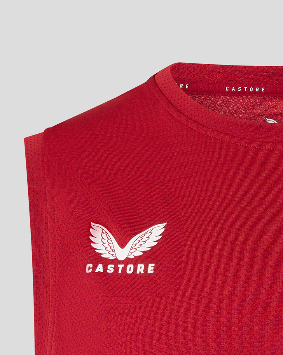 Close-up of the red Saracens training vest chest with a white Castore logo and wing emblem