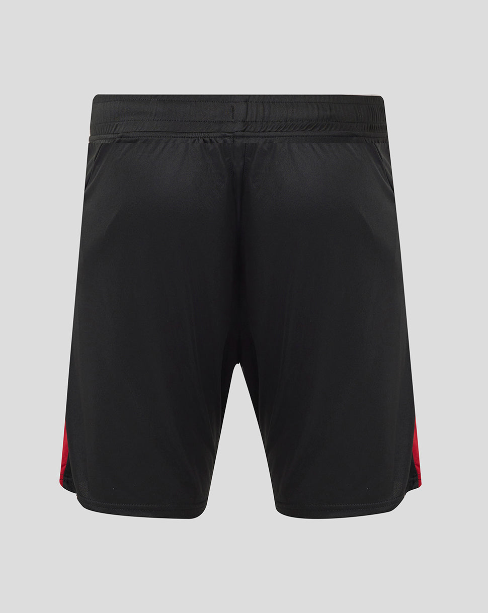 Back view of black Saracens training knit shorts with elastic waistband and red side panels