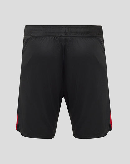 Back view of black Saracens training knit shorts with elastic waistband and red side panels