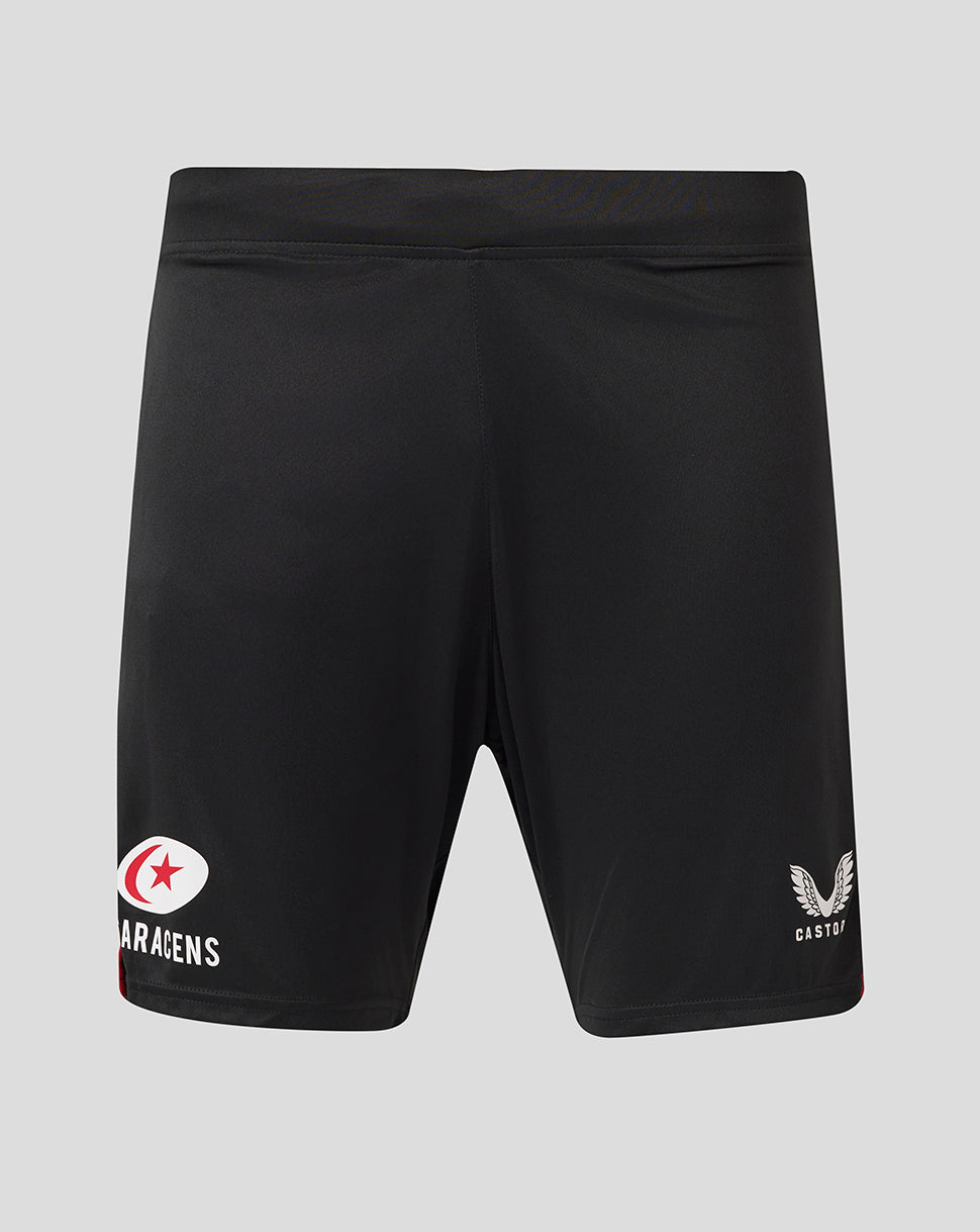 Back view of black Saracens training shorts with Castore logo on the right leg and Saracens emblem on the left hem
