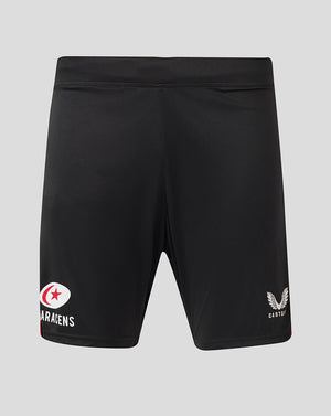 Back view of black Saracens training shorts with Castore logo on the right leg and Saracens emblem on the left hem