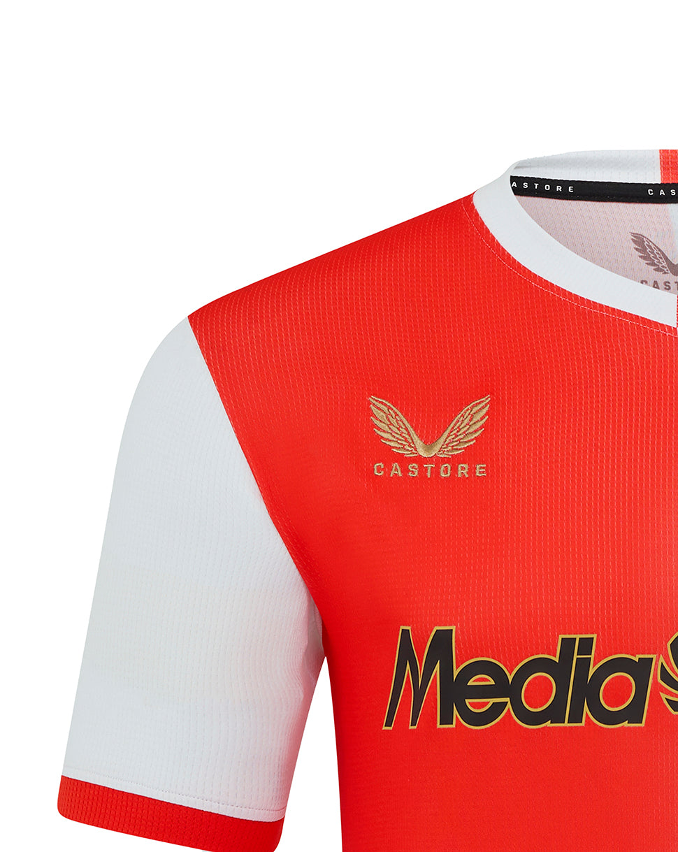 Feyenoord 25/26 home shirt front with red white panels, Castore logo and large sponsor across