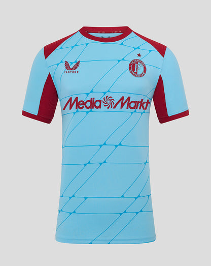 Feyenoord third shirt in light blue with red accents, left chest club crest, right chest Castore logo, and Media Markt across front