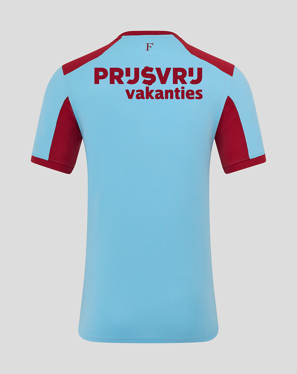Back view of Feyenoord 25/26 third shirt in light blue with maroon shoulder panels and bold maroon lettering across the back.