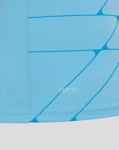 Close-up of blue Feyenoord 25/26 third shirt fabric with AerTek marking