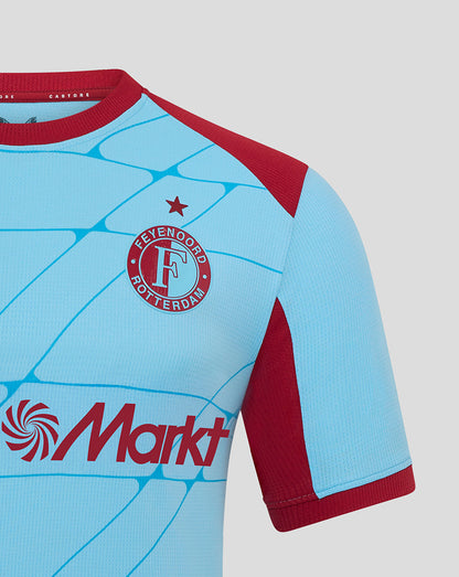 Shoulder and chest close up of Feyenoord third shirt showing crest and sponsor graphic on light blue fabric with maroon sleeves.