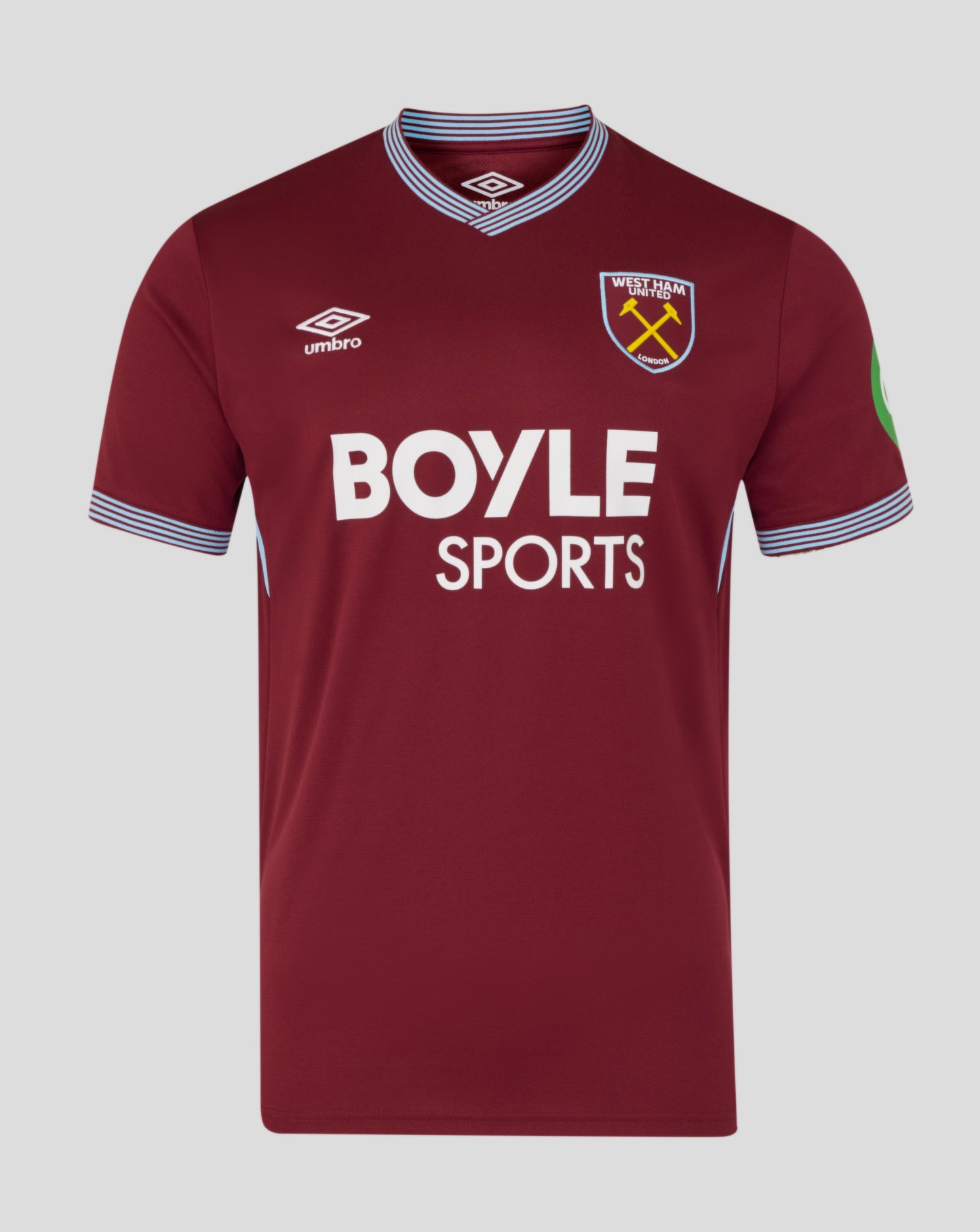 West Ham United burgundy home short sleeve shirt with blue striped collar featuring crest and Boyle Sports across front