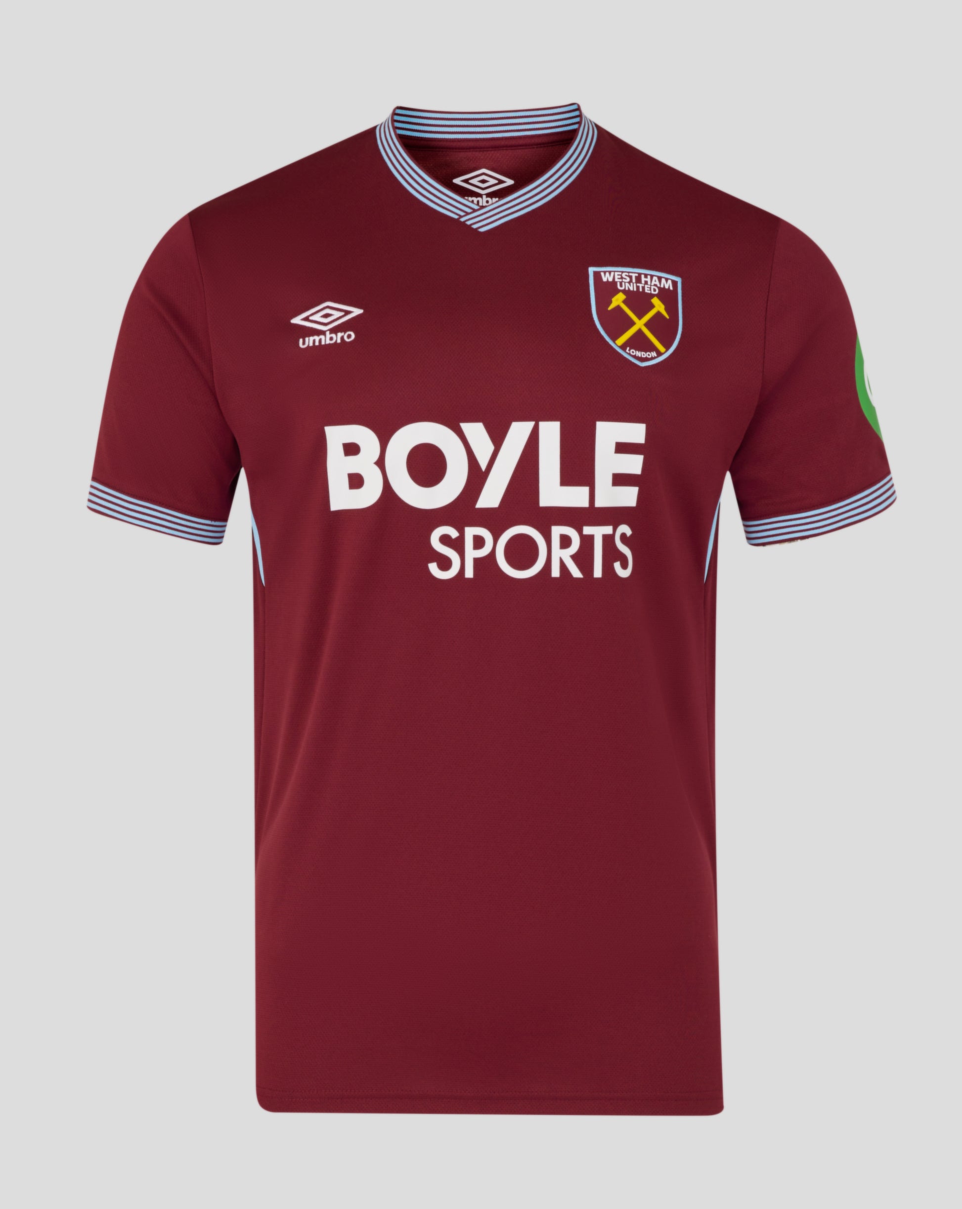 West Ham United burgundy home short sleeve shirt with blue striped collar featuring crest and Boyle Sports across front