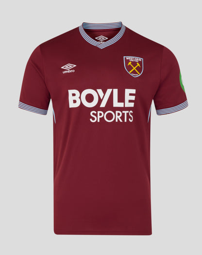 West Ham United burgundy home short sleeve shirt with blue striped collar featuring crest and Boyle Sports across front
