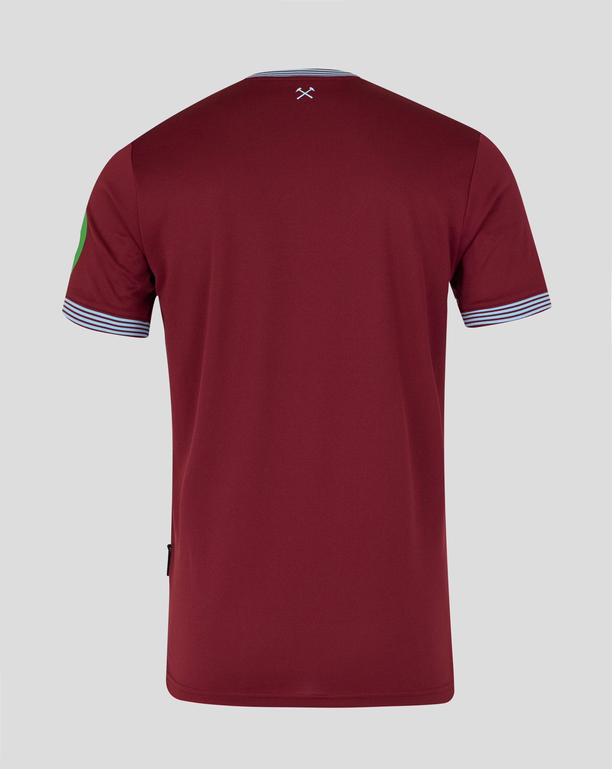 Back view of a maroon West Ham home shirt with a small white crossed hammers emblem at the neckline