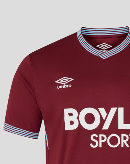Close up of the maroon shirt with a blue striped collar and large white text BOYLE SPORTS across the chest
