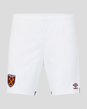 White West Ham United men's home shorts with club crest on the left leg and Umbro logo on the right leg
