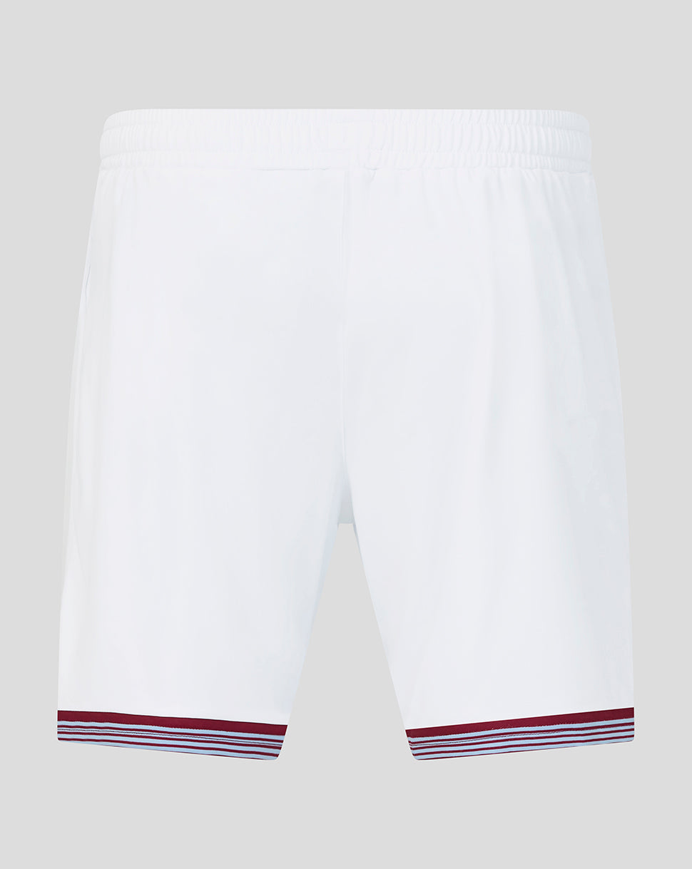 White West Ham men's 25/26 home shorts with maroon and light blue striped hem