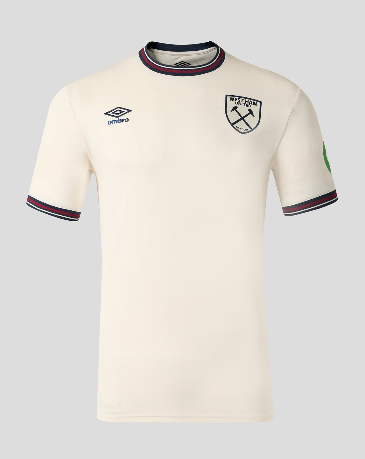 Cream away short sleeve shirt with West Ham crest and Umbro logo on the chest.