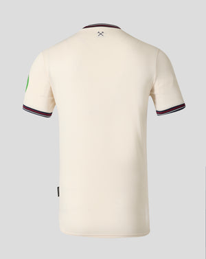 Back view of West Ham 25/26 away shirt in cream with a striped collar and a small hammer emblem at the upper back.