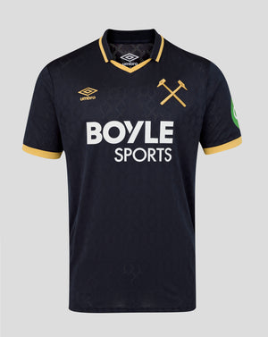 Navy West Ham 25/26 third kit short sleeve shirt with gold trim, crossed hammer crest, Umbro logo, and Boyle Sports sponsor
