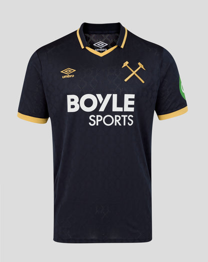 Navy West Ham 25/26 third kit short sleeve shirt with gold trim, crossed hammer crest, Umbro logo, and Boyle Sports sponsor