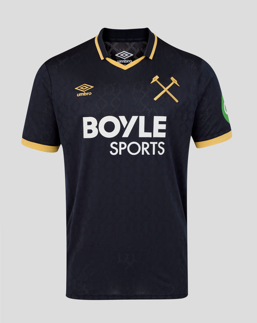Navy West Ham 25/26 third kit short sleeve shirt with gold trim, crossed hammer crest, Umbro logo, and Boyle Sports sponsor