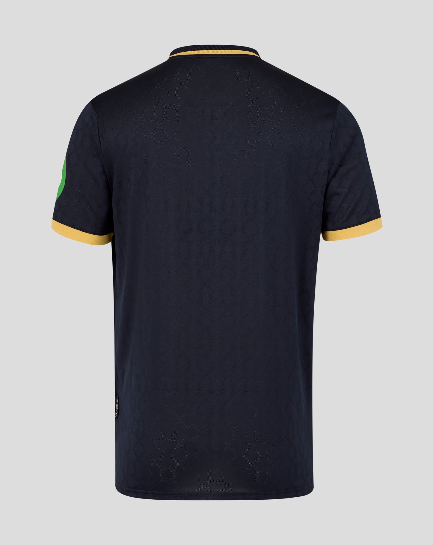 Back view of navy West Ham 25/26 third kit short sleeve shirt with diamond jacquard pattern and yellow collar trim.