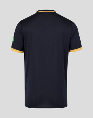 Back view of navy West Ham 25/26 third kit short sleeve shirt with diamond jacquard pattern and yellow collar trim.