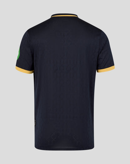 Back view of navy West Ham 25/26 third kit short sleeve shirt with diamond jacquard pattern and yellow collar trim.