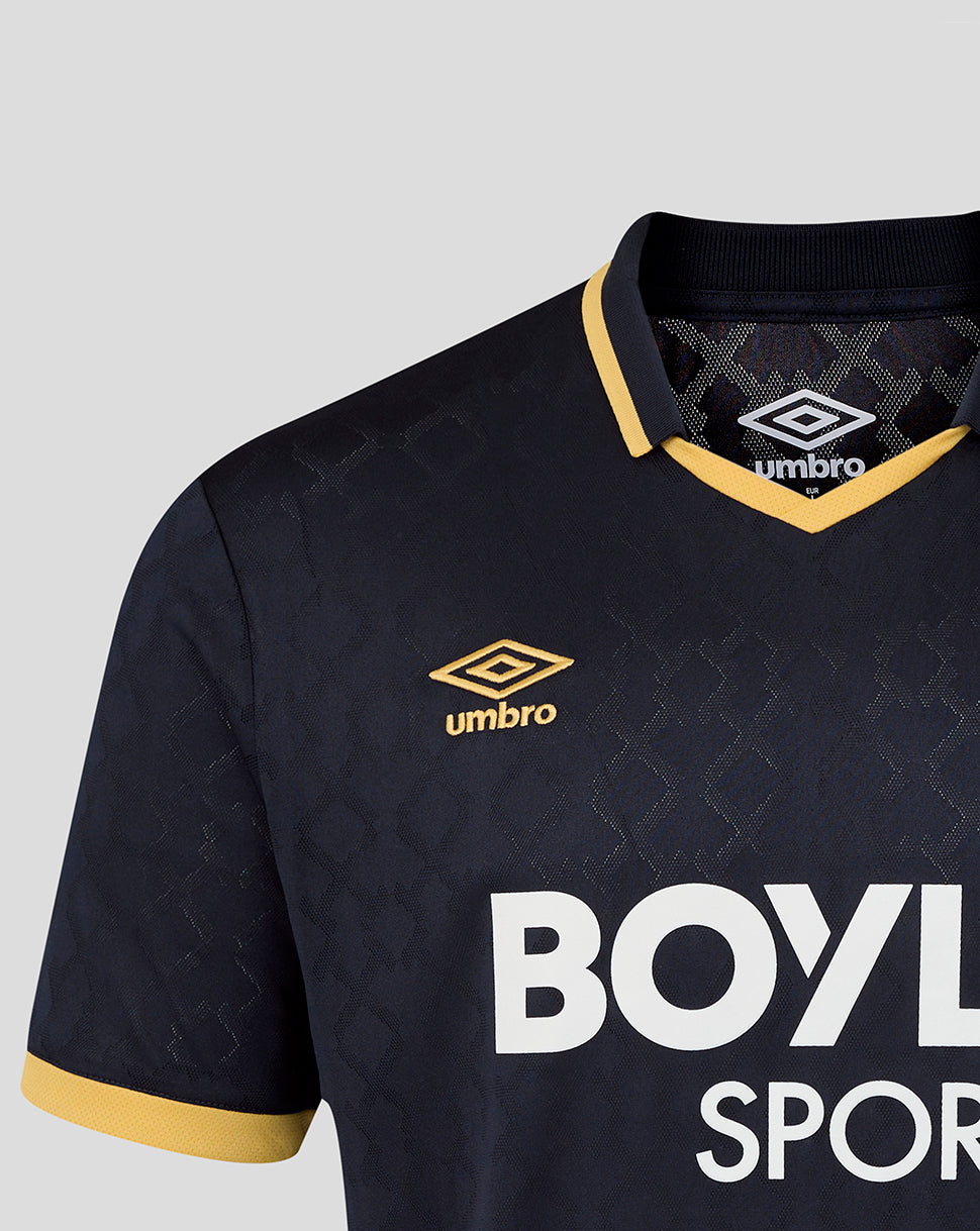 Close up of navy West Ham 25/26 third kit chest with Umbro logo and Boyle Sports sponsor text.