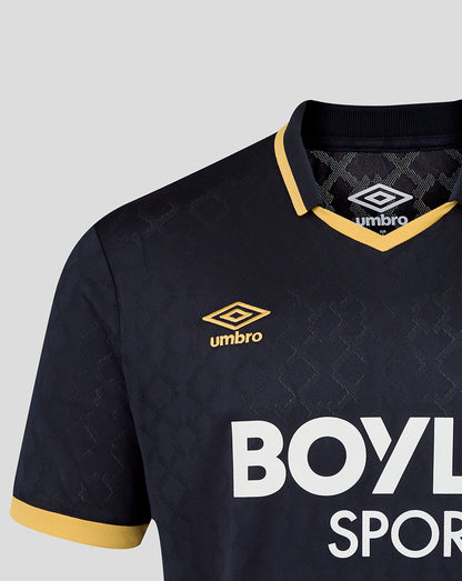 Close up of navy West Ham 25/26 third kit chest with Umbro logo and Boyle Sports sponsor text.