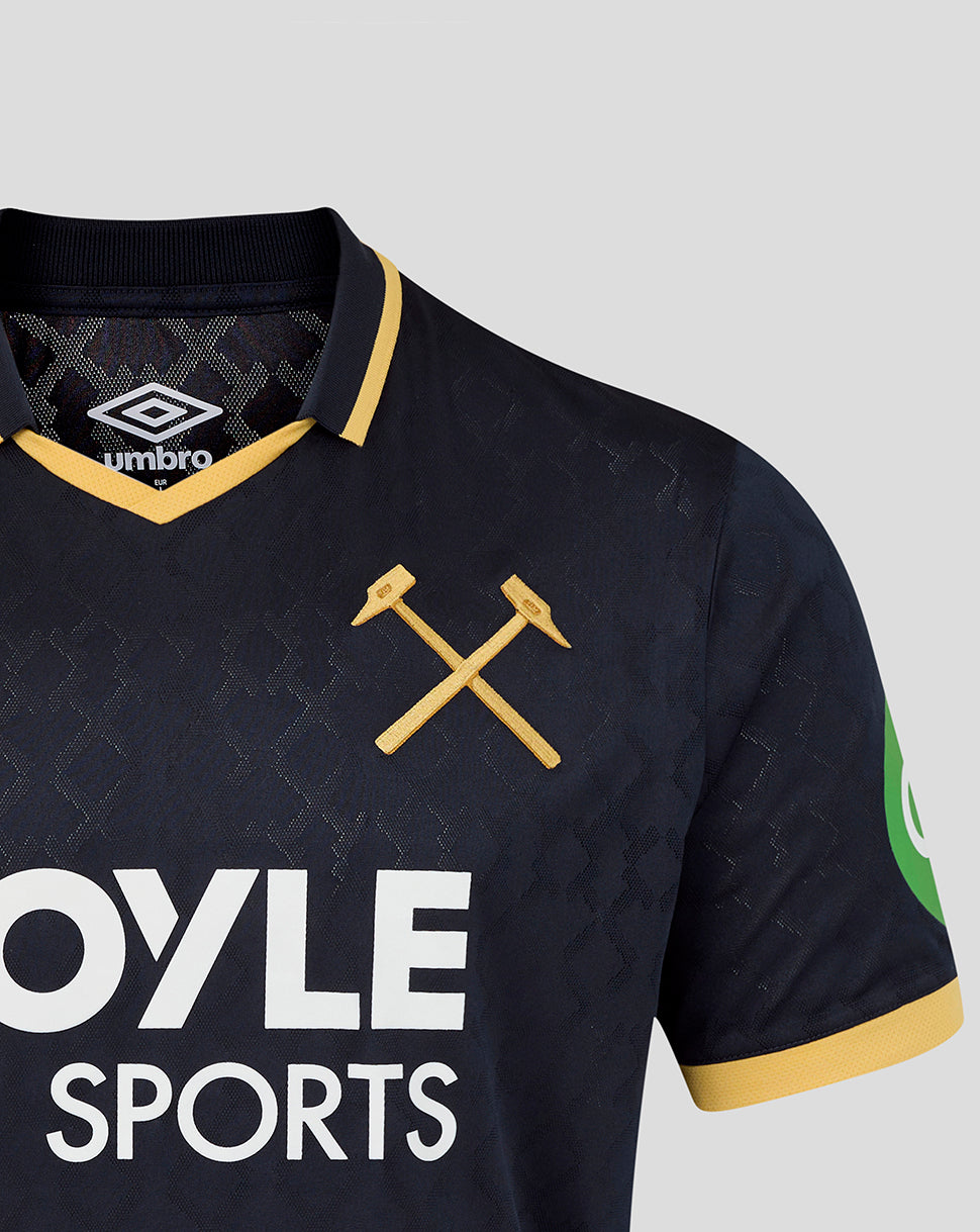 Front view of navy West Ham 25/26 third kit showing gold hammercrest, Umbro logo and Boyle Sports across the chest.