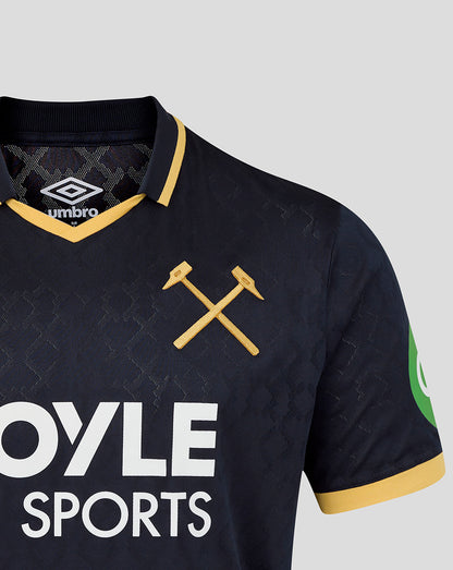Front view of navy West Ham 25/26 third kit showing gold hammercrest, Umbro logo and Boyle Sports across the chest.