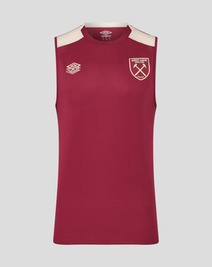 Maroon sleeveless West Ham pro training top with white shoulder panels and crest on chest