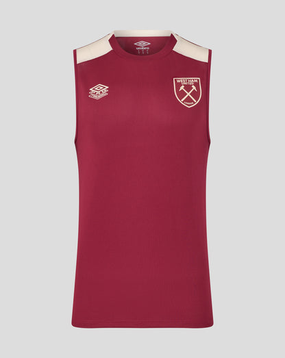 Maroon sleeveless West Ham pro training top with white shoulder panels and crest on chest