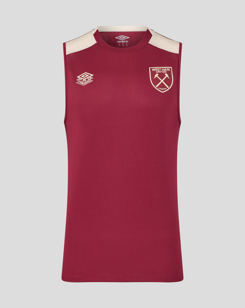 Maroon sleeveless West Ham pro training top with white shoulder panels and crest on chest