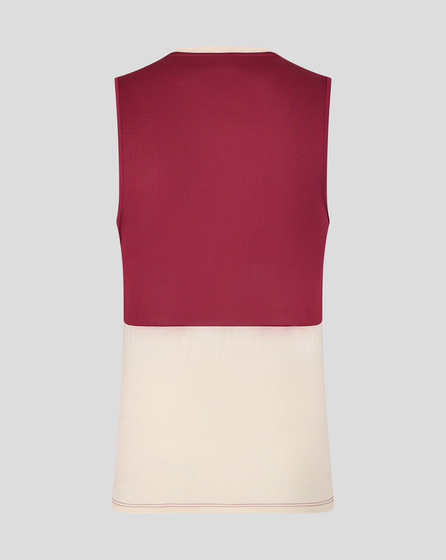 Back view of a burgundy West Ham training sleeveless shirt with a cream hem on a mannequin