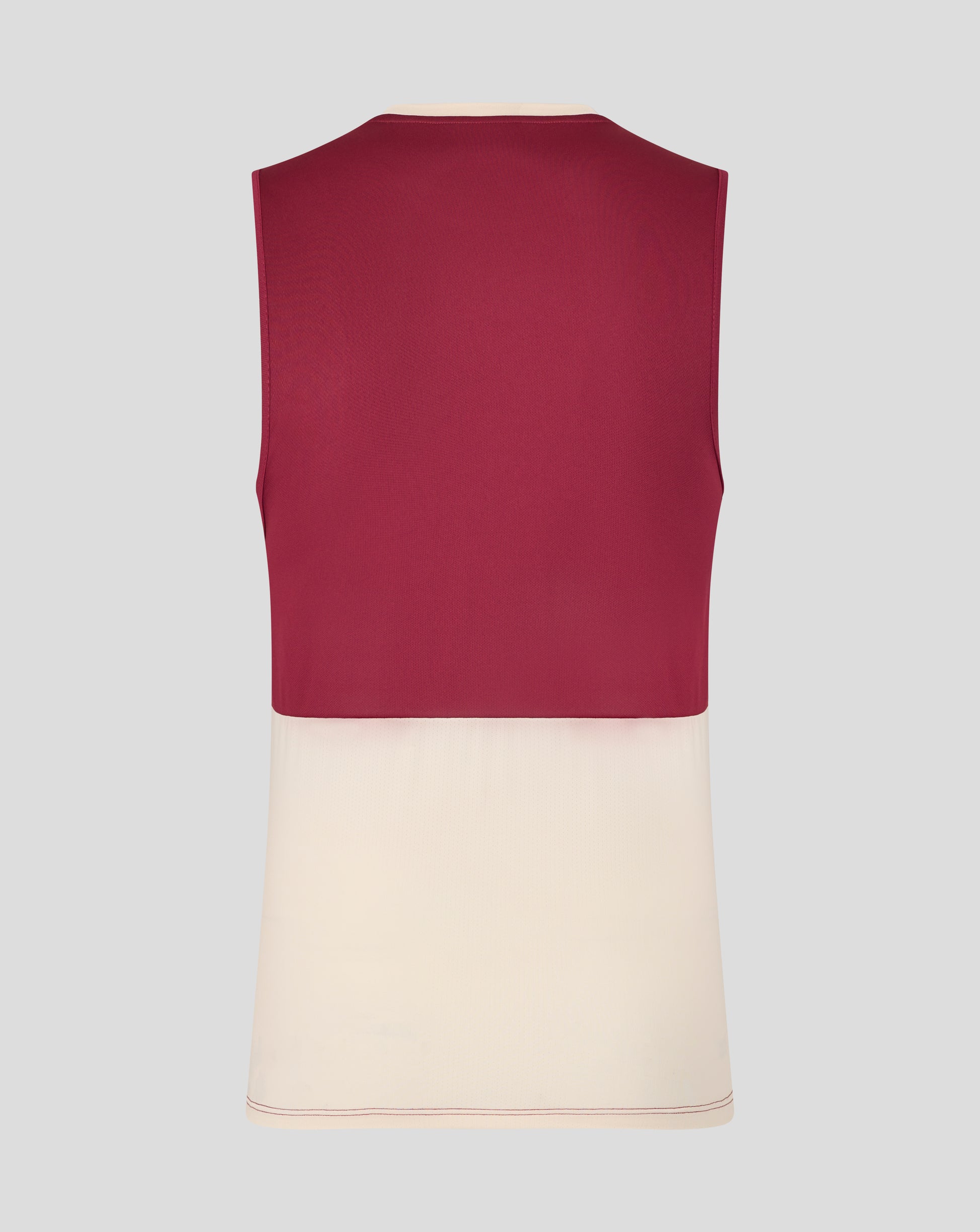 Back view of a burgundy West Ham training sleeveless shirt with a cream hem on a mannequin
