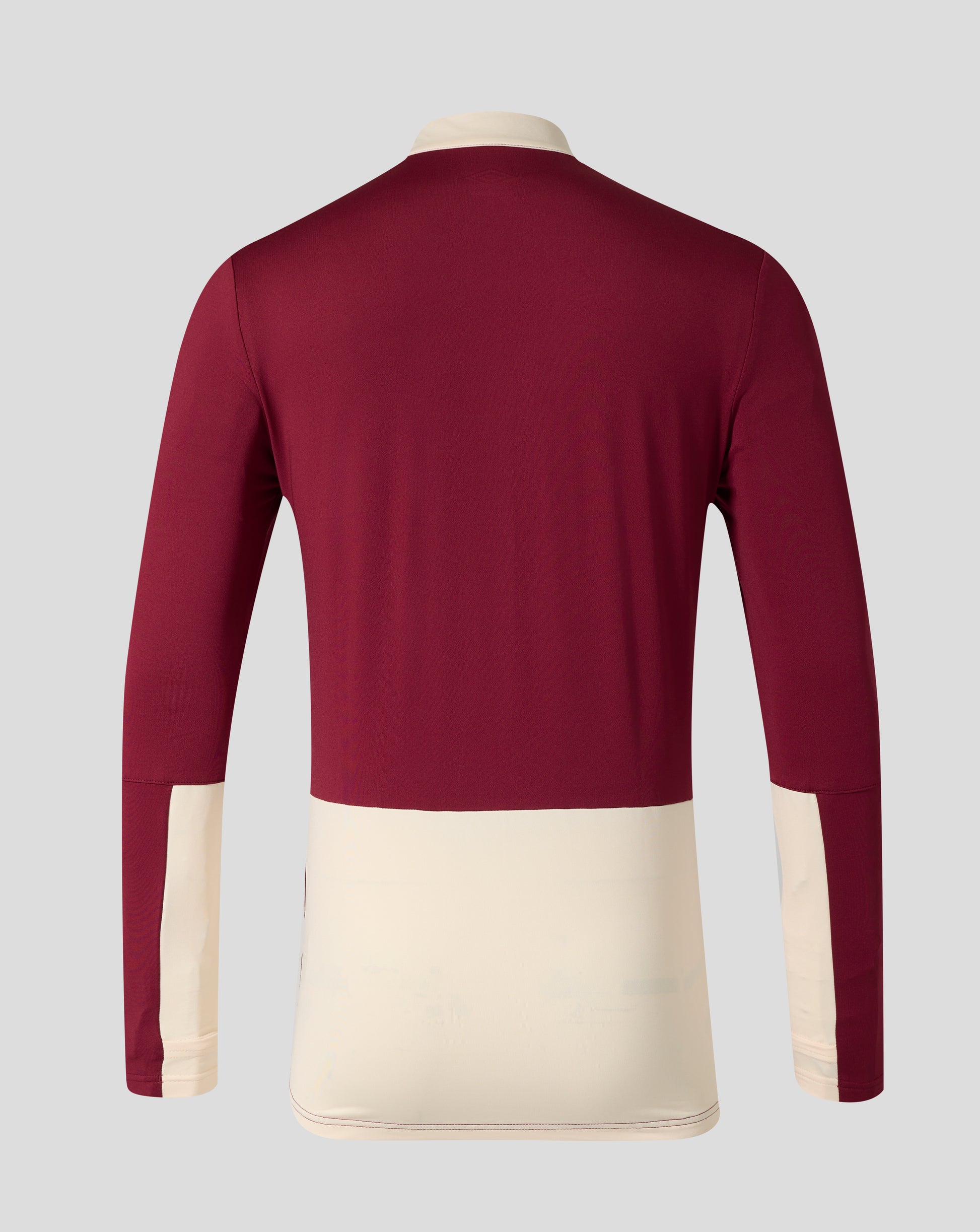 Back view of burgundy West Ham training midlayer with cream collar and shoulder panels.