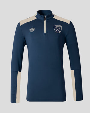 West Ham men's 25/26 Pro Training Midlayer Top in navy with beige shoulder panels and club crest on chest