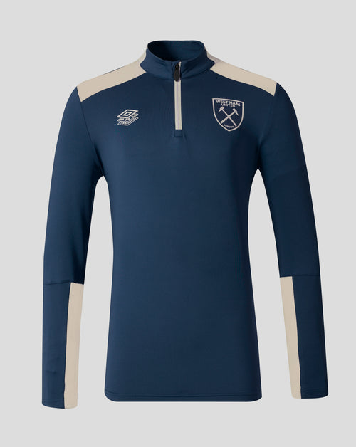West Ham men's 25/26 Pro Training Midlayer Top in navy with beige shoulder panels and club crest on chest