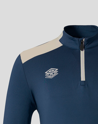 Navy West Ham Pro Training midlayer top with cream shoulder panel and front zipper and chest logo.