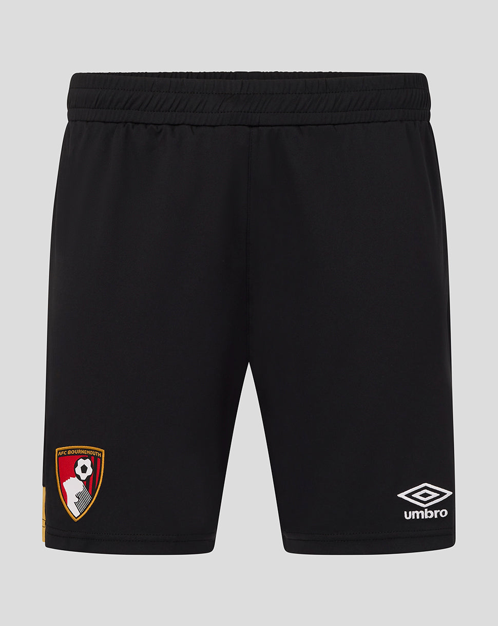 Back view of black AFC Bournemouth home shorts with crest on left leg and Umbro logo on the right