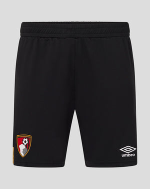 Back view of black AFC Bournemouth home shorts with crest on left leg and Umbro logo on the right