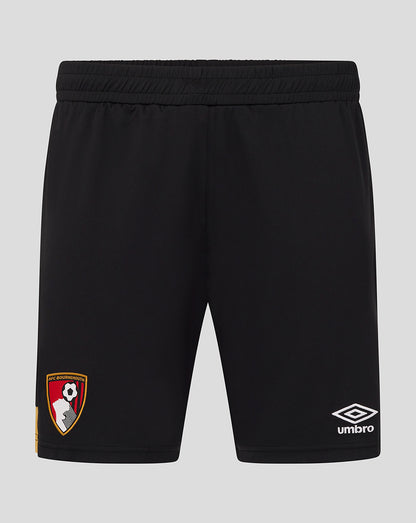 Back view of black AFC Bournemouth home shorts with crest on left leg and Umbro logo on the right