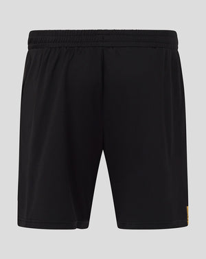 Back view of black AFC Bournemouth shorts showing crest at lower left and a yellow side stripe