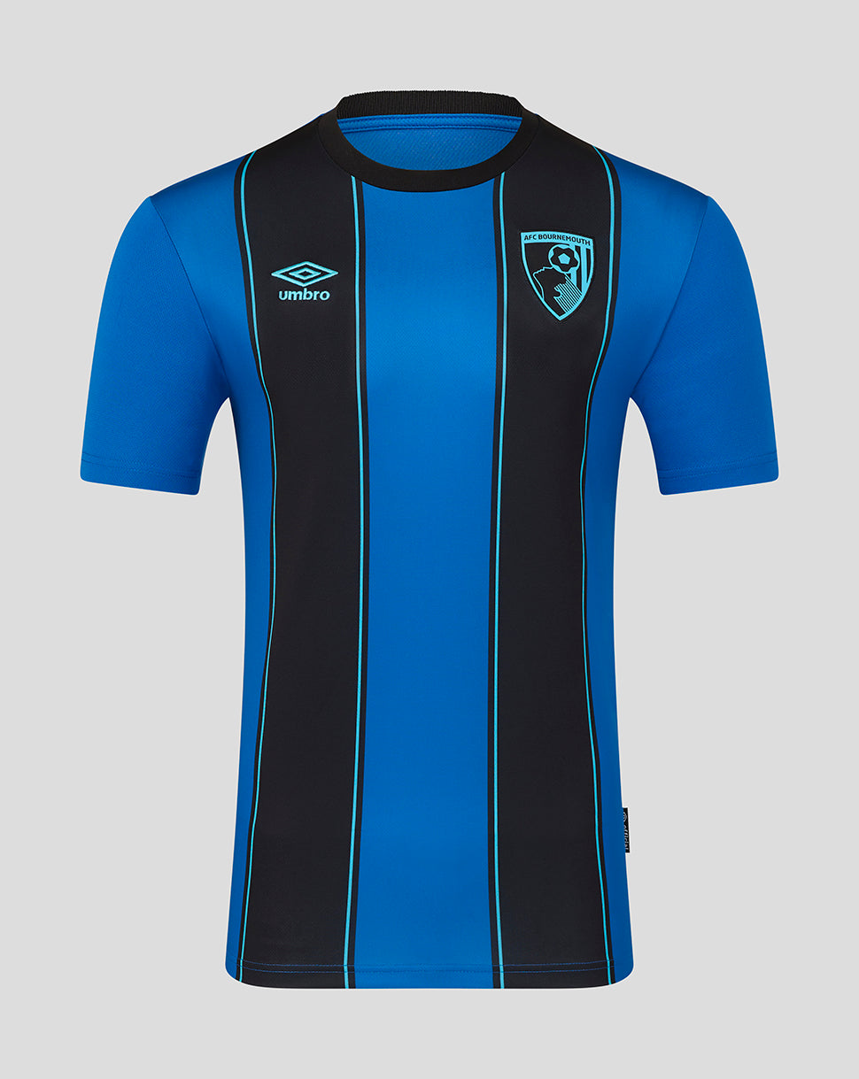 AFC Bournemouth 25/26 home shirt with blue and black vertical stripes crest and Umbro logo.