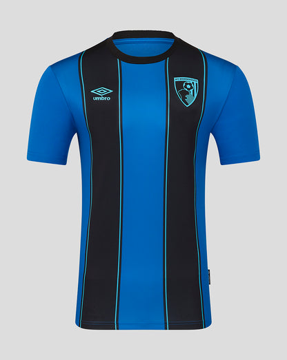 AFC Bournemouth 25/26 home shirt with blue and black vertical stripes crest and Umbro logo.