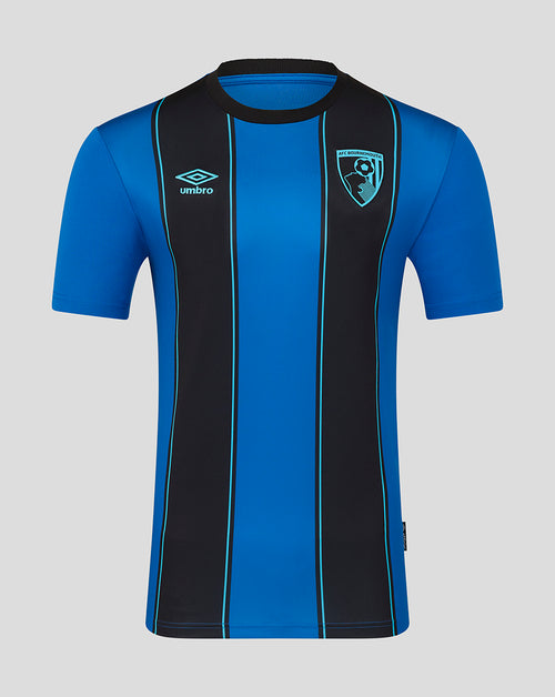 AFC Bournemouth 25/26 home shirt with blue and black vertical stripes crest and Umbro logo.