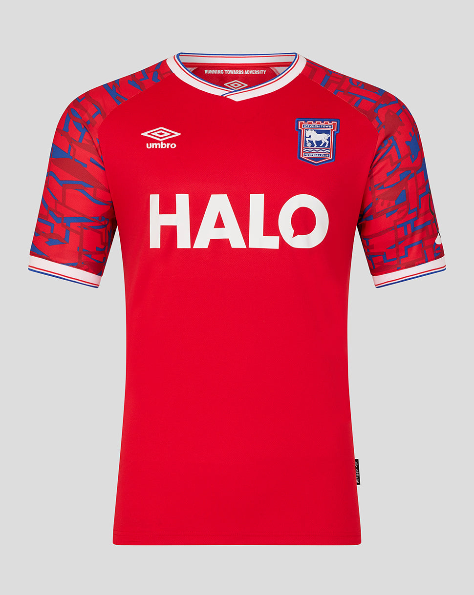 Ipswich Town 25/26 away short sleeve shirt front red with HALO sponsor and club crest