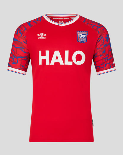 Ipswich Town 25/26 away short sleeve shirt front red with HALO sponsor and club crest