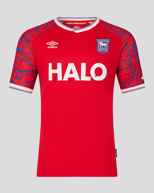 Ipswich Town 25/26 away short sleeve shirt front red with HALO sponsor and club crest