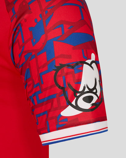 Red Ipswich Town away shirt sleeve with white dog graphic and blue abstract pattern