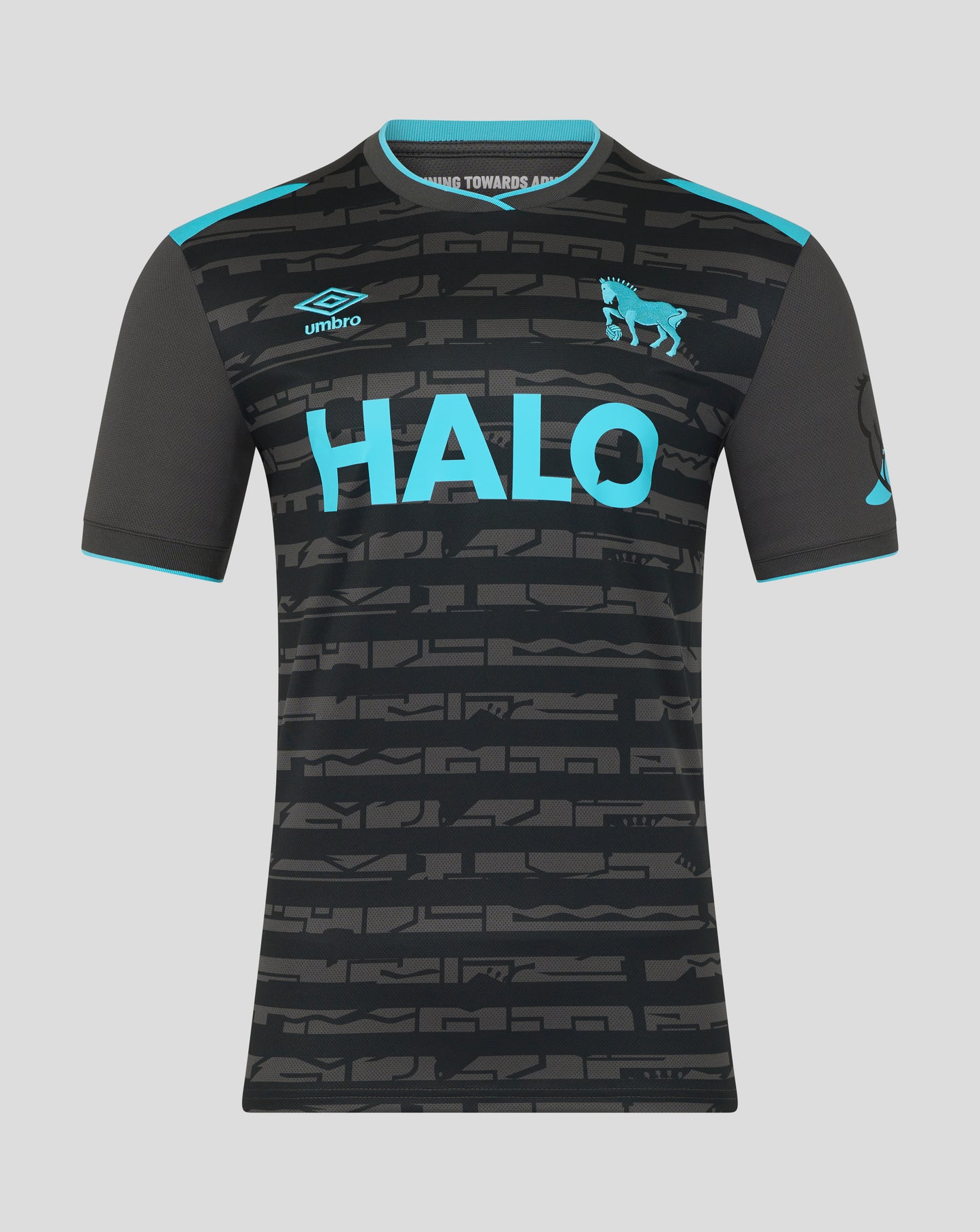 Front view of Ipswich Town 25/26 third kit shirt in black with teal accents and HALO text across chest